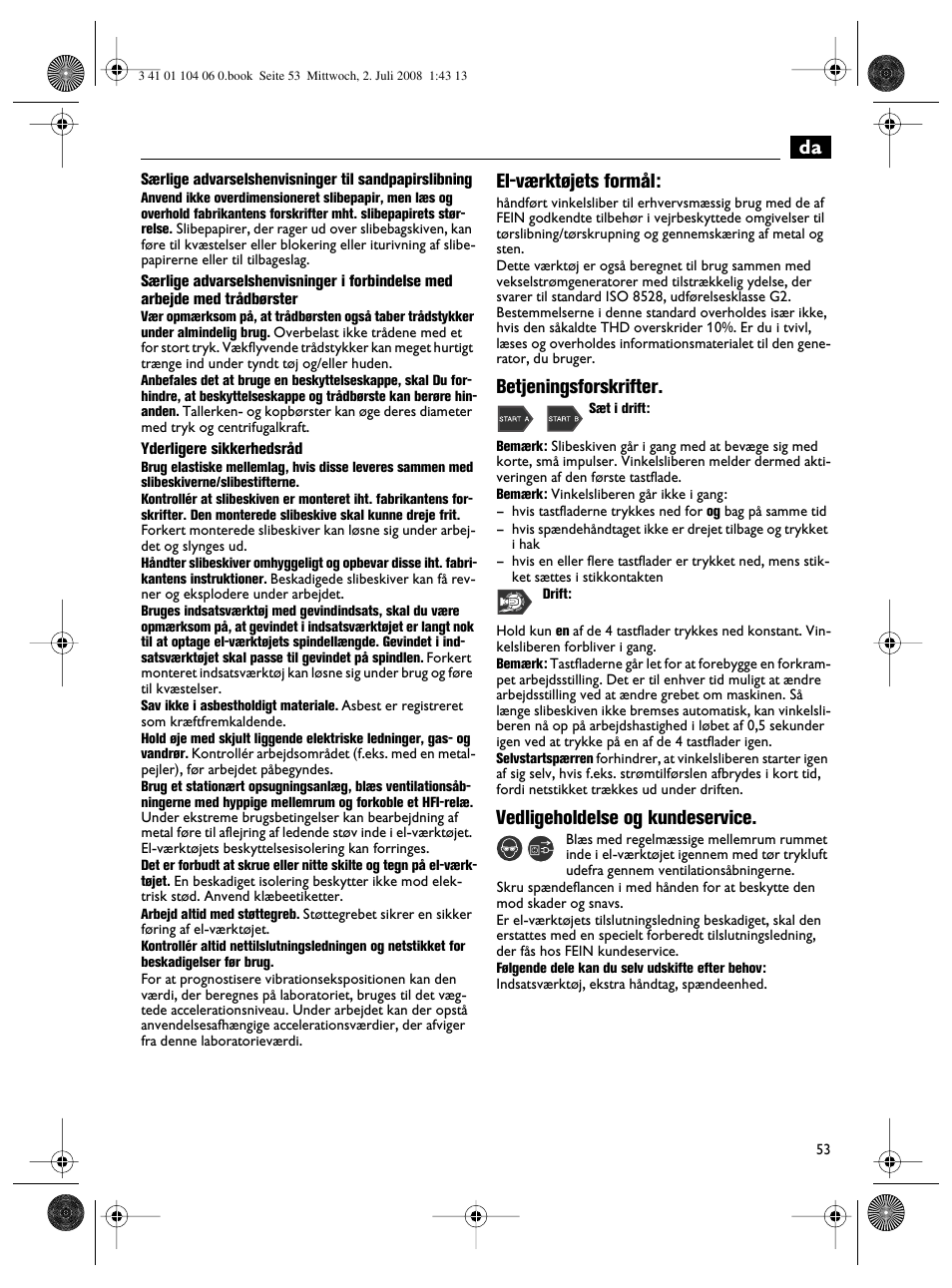 El-værktøjets formål, Betjeningsforskrifter, Vedligeholdelse og kundeservice | Fein WSB-14-125T User Manual | Page 53 / 99