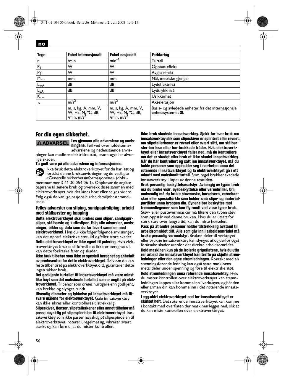 No for din egen sikkerhet | Fein WSB-14-125T User Manual | Page 56 / 99