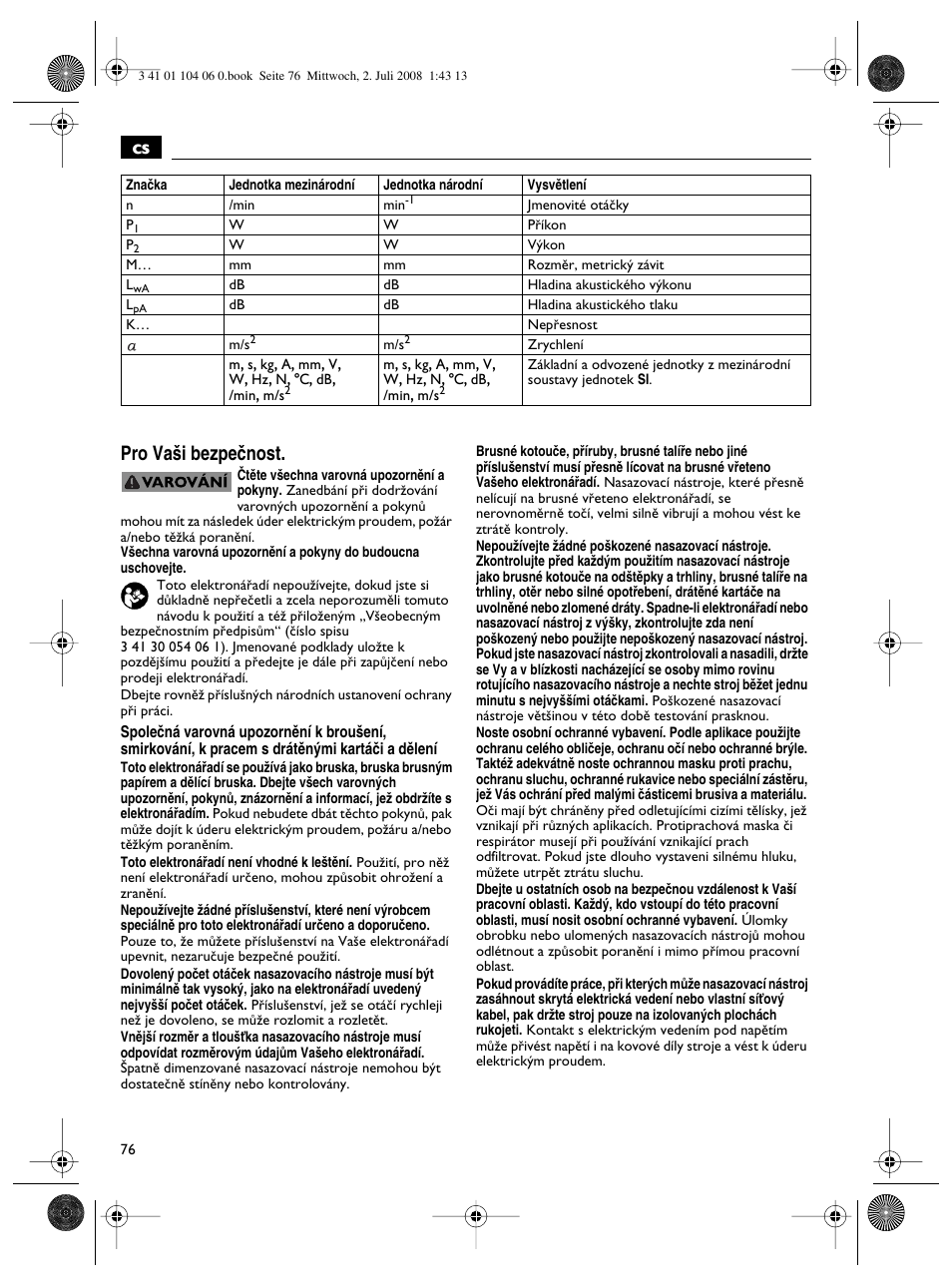 Cs pro va‰i bezpeãnost | Fein WSB-14-125T User Manual | Page 76 / 99