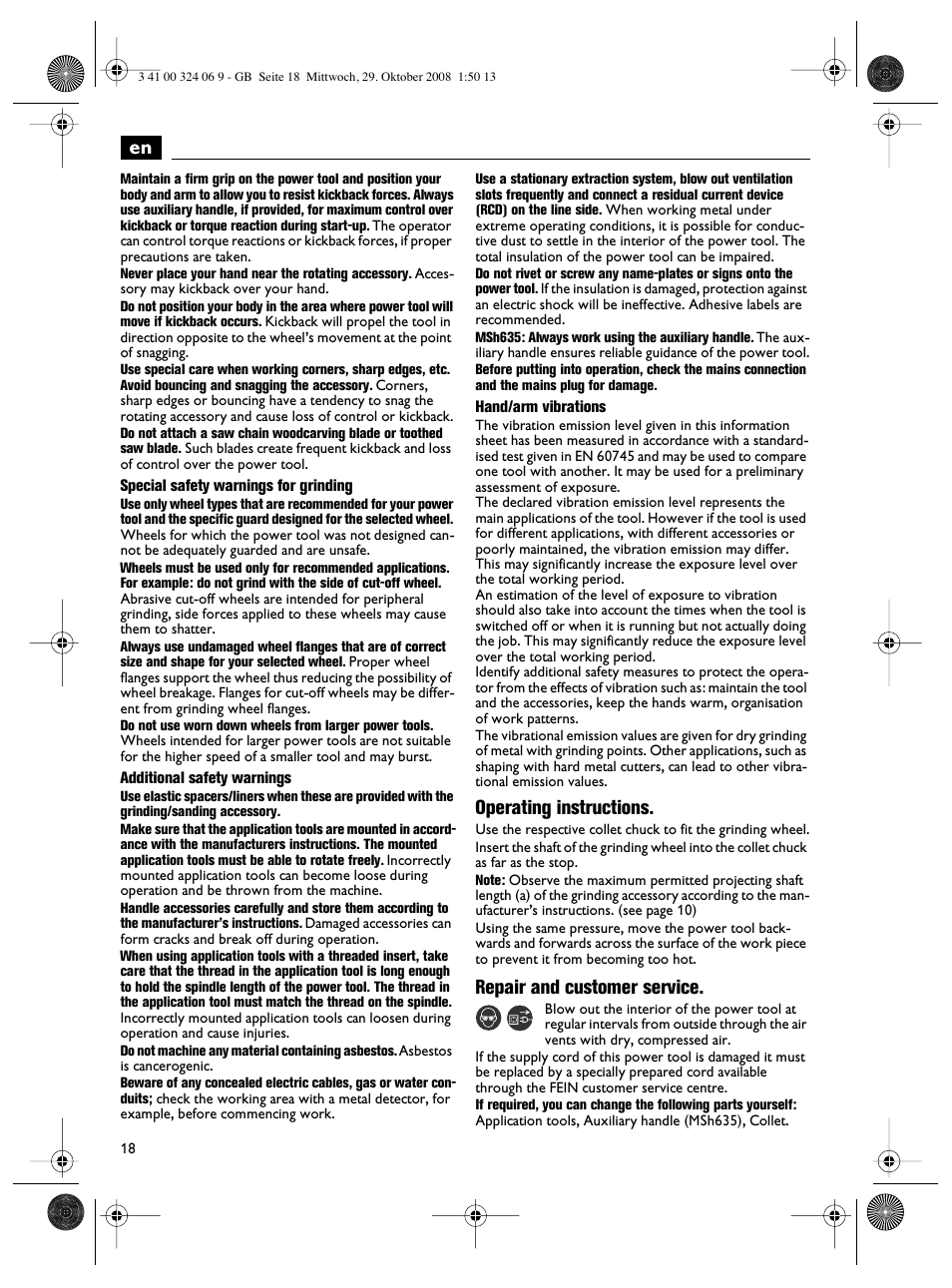 Operating instructions, Repair and customer service | Fein MSh_636-1 User Manual | Page 18 / 82