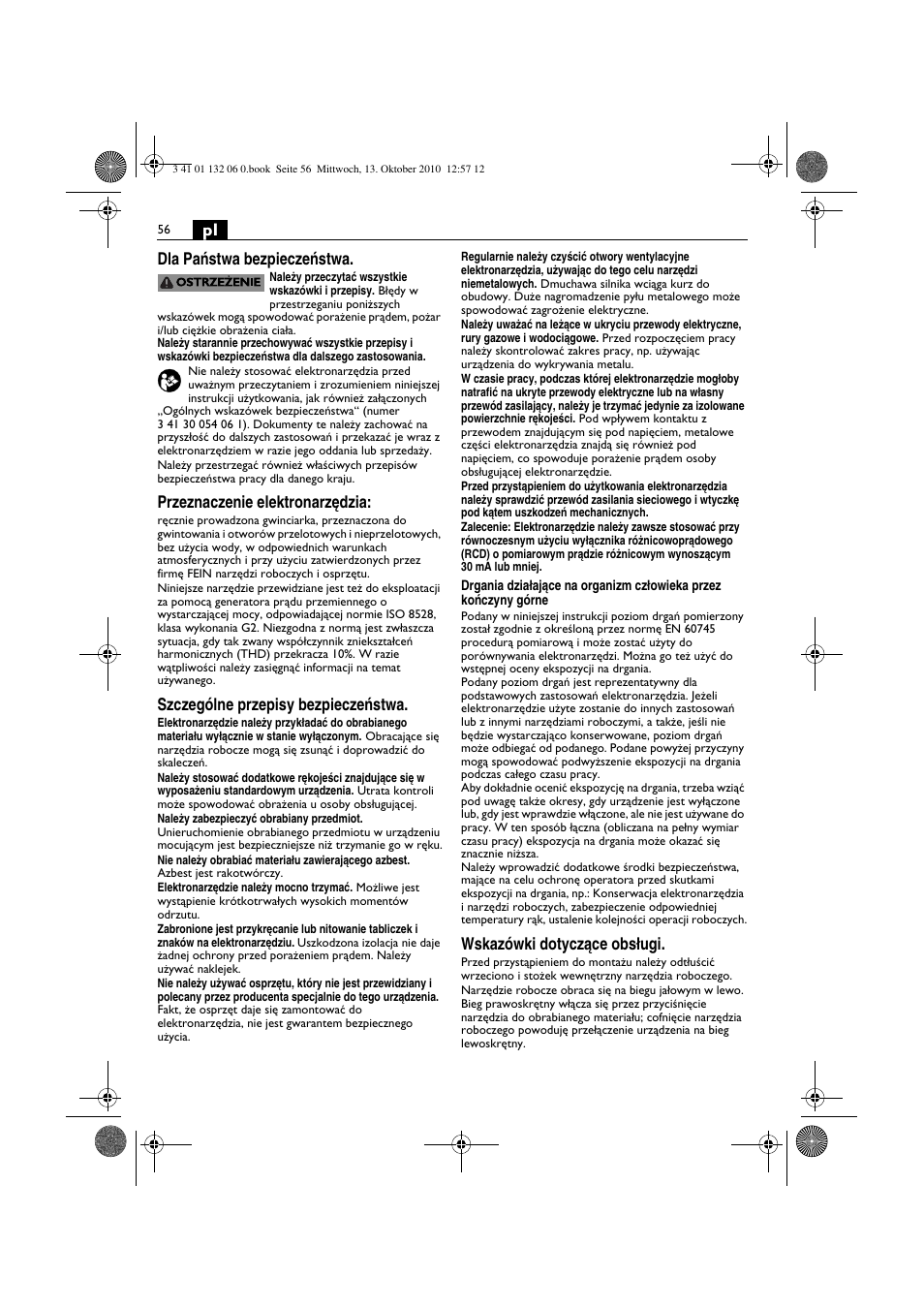 Pl dla paƒstwa bezpieczeƒstwa, Przeznaczenie elektronarz´dzia, Szczególne przepisy bezpieczeƒstwa | Wskazówki dotyczàce obs∏ugi | Fein ASge-648 User Manual | Page 56 / 62