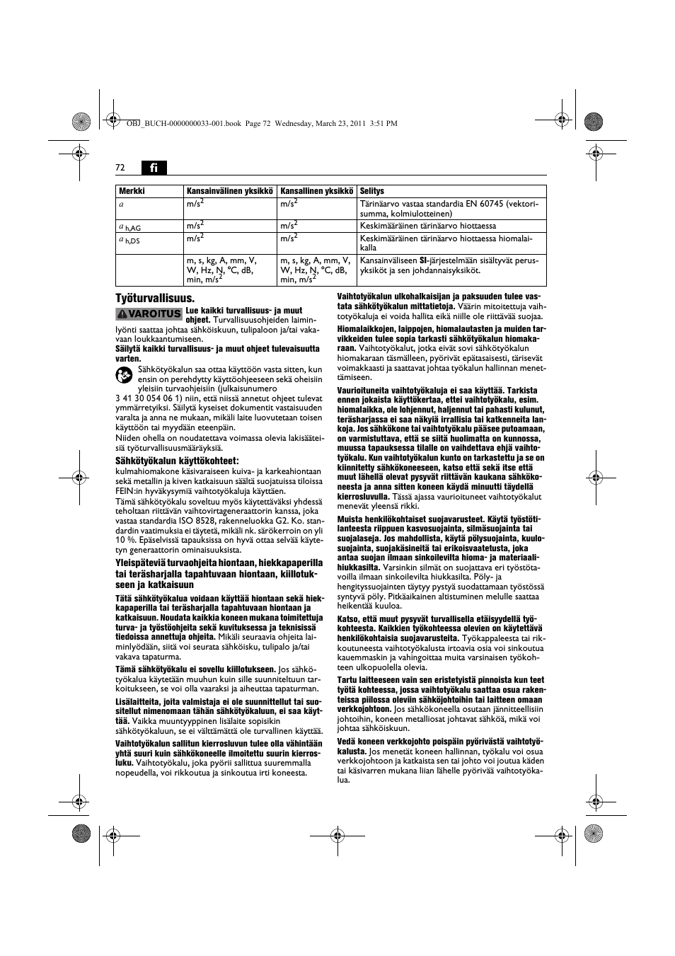 Fi työturvallisuus | Fein WSG 25-230 User Manual | Page 72 / 191