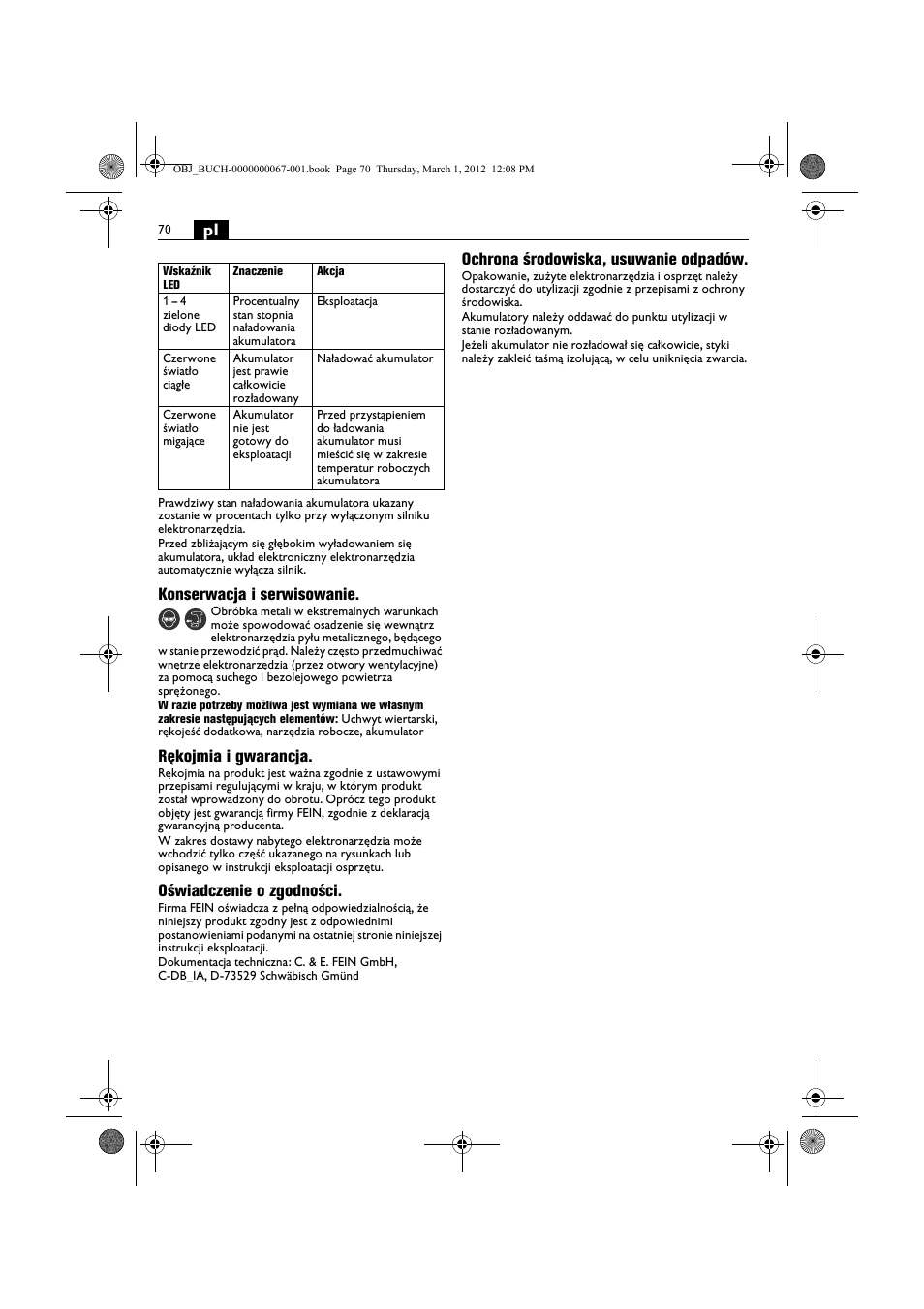 Konserwacja i serwisowanie, Rękojmia i gwarancja, Oświadczenie o zgodności | Ochrona środowiska, usuwanie odpadów | Fein ABOP 13-2 User Manual | Page 70 / 131