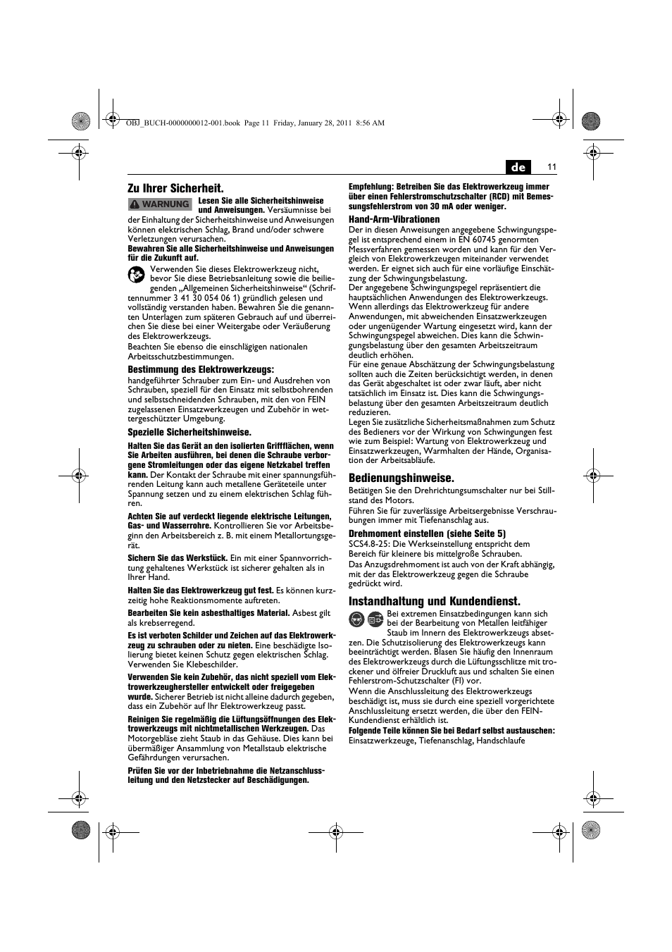 De zu ihrer sicherheit, Bedienungshinweise, Instandhaltung und kundendienst | Fein SCS_6.3-19 User Manual | Page 11 / 95