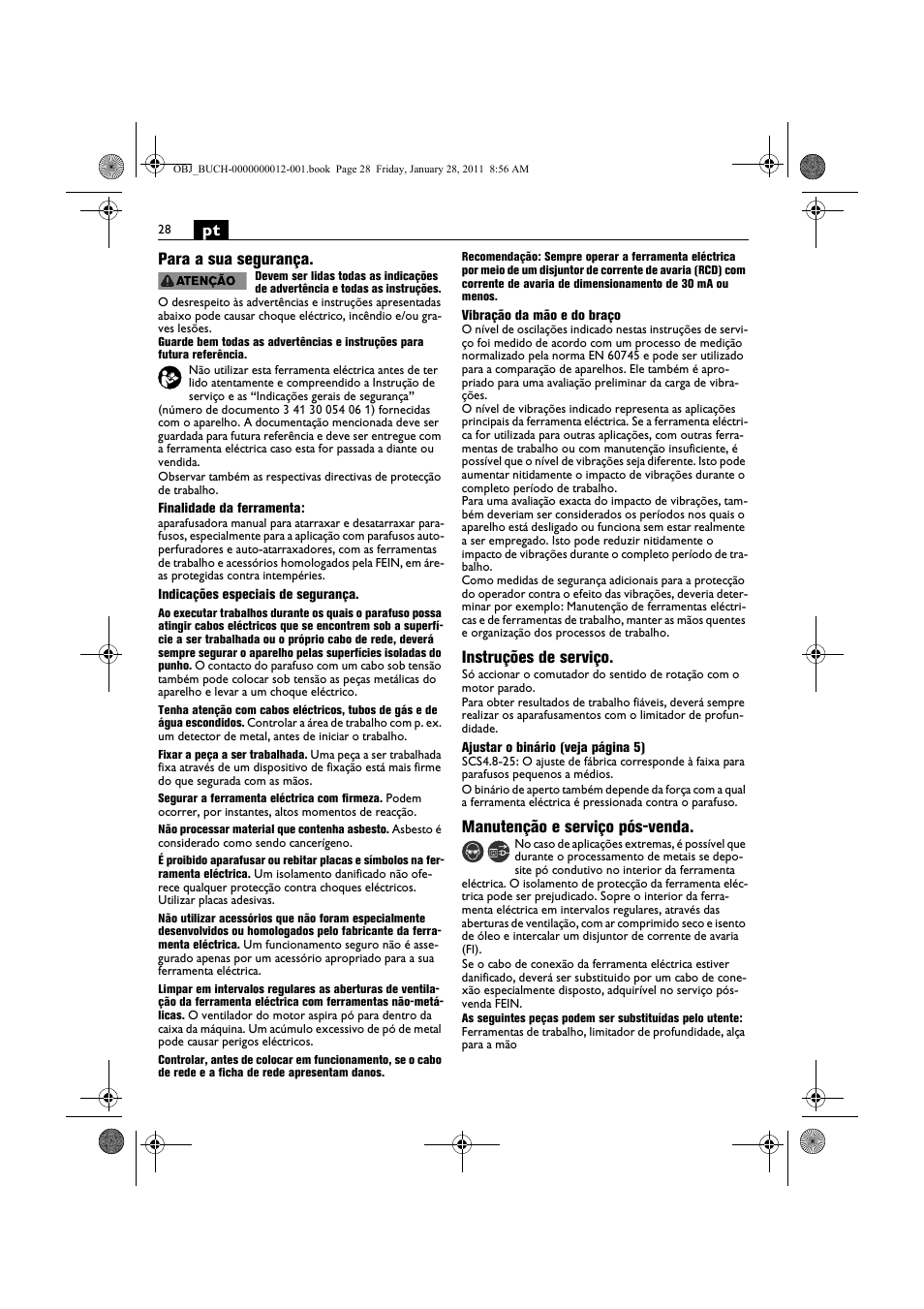 Pt para a sua segurança, Instruções de serviço, Manutenção e serviço pós-venda | Fein SCS_6.3-19 User Manual | Page 28 / 95