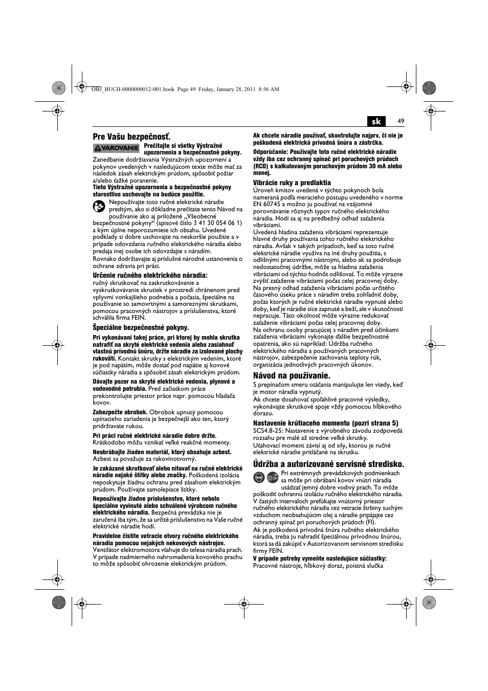 Sk pre vašu bezpečnosť, Návod na používanie, Údržba a autorizované servisné stredisko | Fein SCS_6.3-19 User Manual | Page 49 / 95