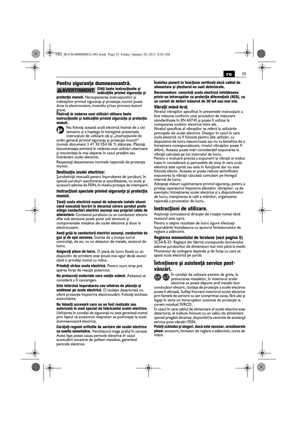 Ro pentru siguranţa dumneavoastră, Instrucţiuni de utilizare, Întreţinere şi asistenţă service post- vânzări | Fein SCS_6.3-19 User Manual | Page 55 / 95