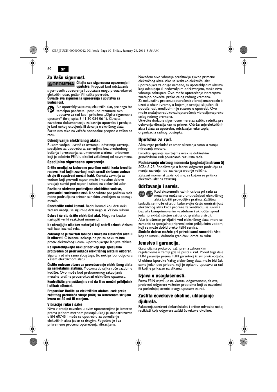Sr za vašu sigurnost, Uputstva za rad, Održavanje i servis | Jemstvo i garancija, Izjava o usaglašenosti, Zaštita čovekove okoline, uklanjanje djubreta | Fein SCS_6.3-19 User Manual | Page 60 / 95