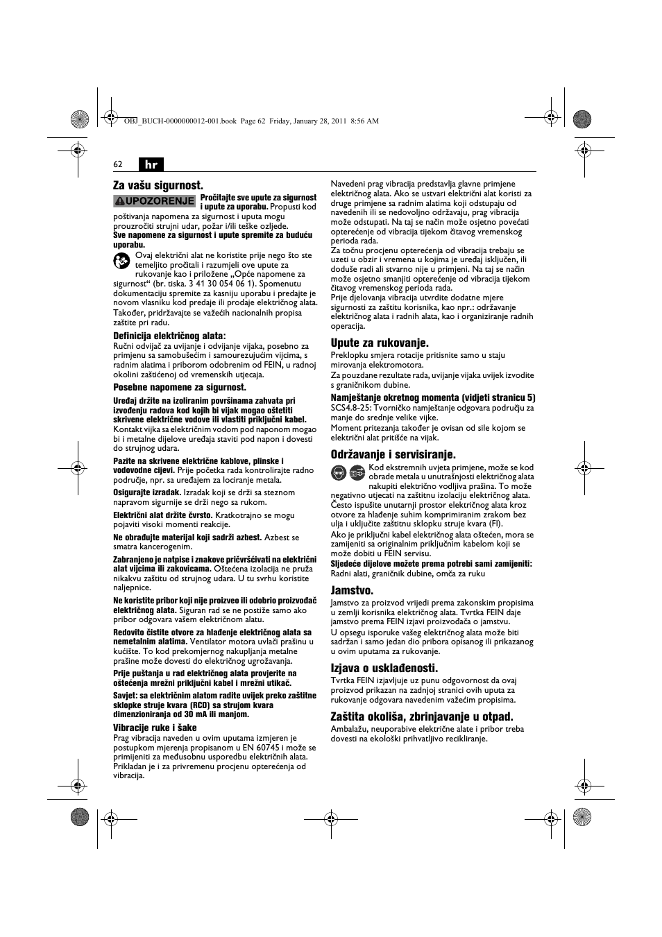 Hr za vašu sigurnost, Upute za rukovanje, Održavanje i servisiranje | Jamstvo, Izjava o usklađenosti, Zaštita okoliša, zbrinjavanje u otpad | Fein SCS_6.3-19 User Manual | Page 62 / 95