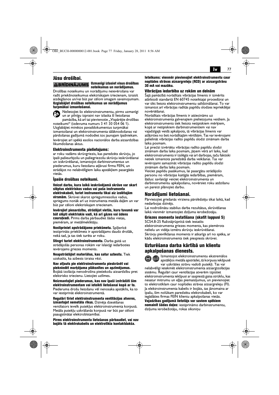 Lv jūsu drošībai, Norādījumi lietošanai | Fein SCS_6.3-19 User Manual | Page 77 / 95