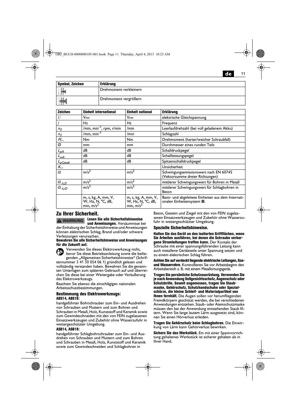 De zu ihrer sicherheit | Fein ABS_18C User Manual | Page 11 / 149