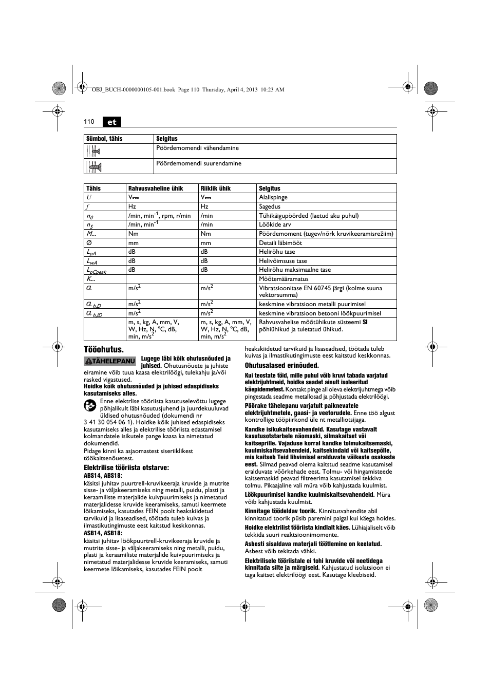 Et tööohutus | Fein ABS_18C User Manual | Page 110 / 149