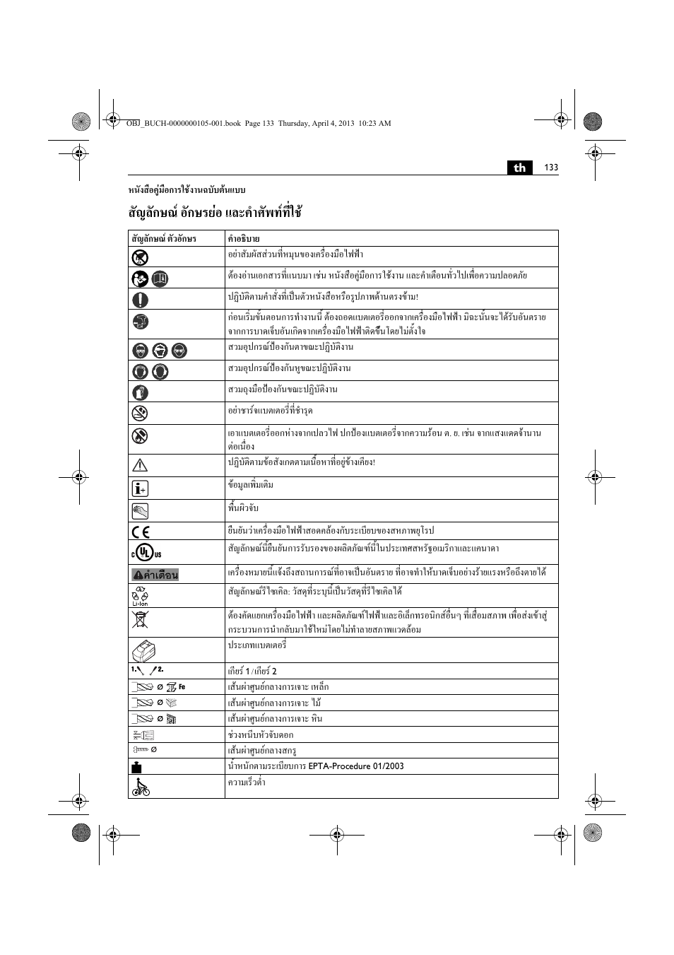 สัญลักษณ อักษรยอ และคําศัพทที่ใช | Fein ABS_18C User Manual | Page 133 / 149