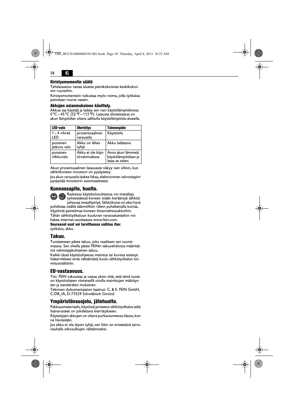 Kunnossapito, huolto, Takuu, Eu-vastaavuus | Ympäristönsuojelu, jätehuolto | Fein ABS_18C User Manual | Page 58 / 149
