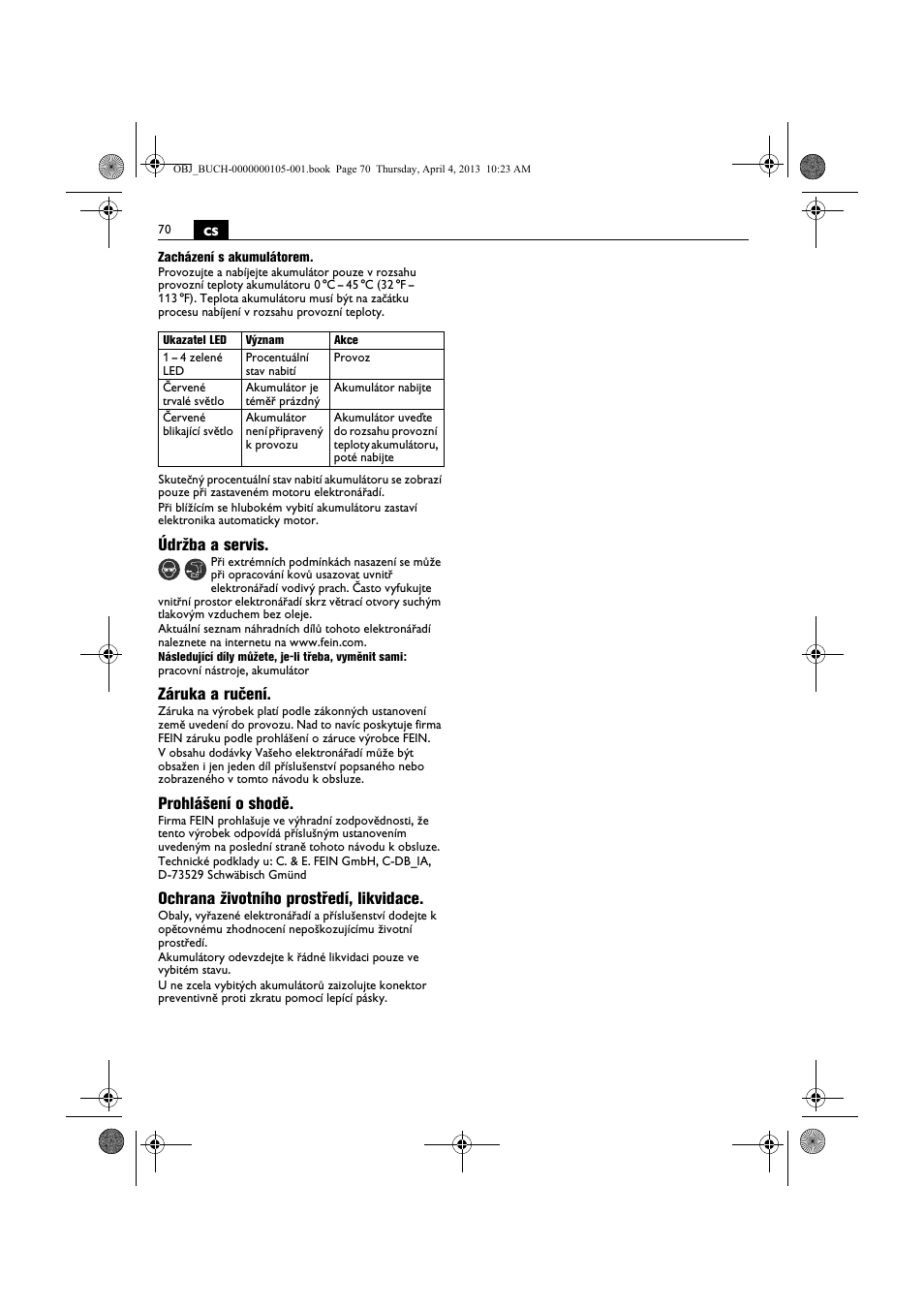 Údržba a servis, Záruka a ručení, Prohlášení o shodě | Ochrana životního prostředí, likvidace | Fein ABS_18C User Manual | Page 70 / 149