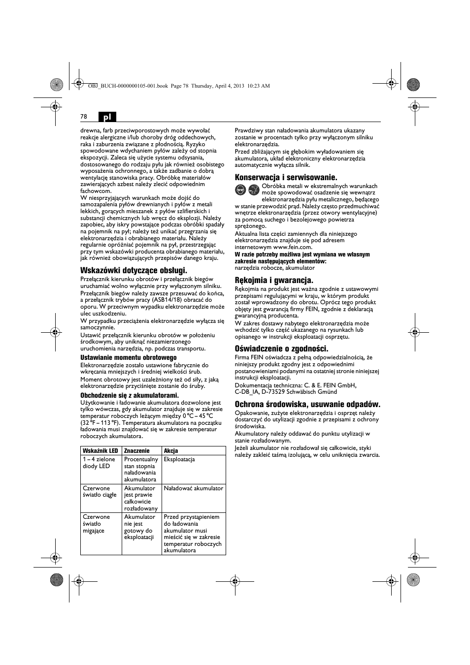 Wskazówki dotyczące obsługi, Konserwacja i serwisowanie, Rękojmia i gwarancja | Oświadczenie o zgodności, Ochrona środowiska, usuwanie odpadów | Fein ABS_18C User Manual | Page 78 / 149
