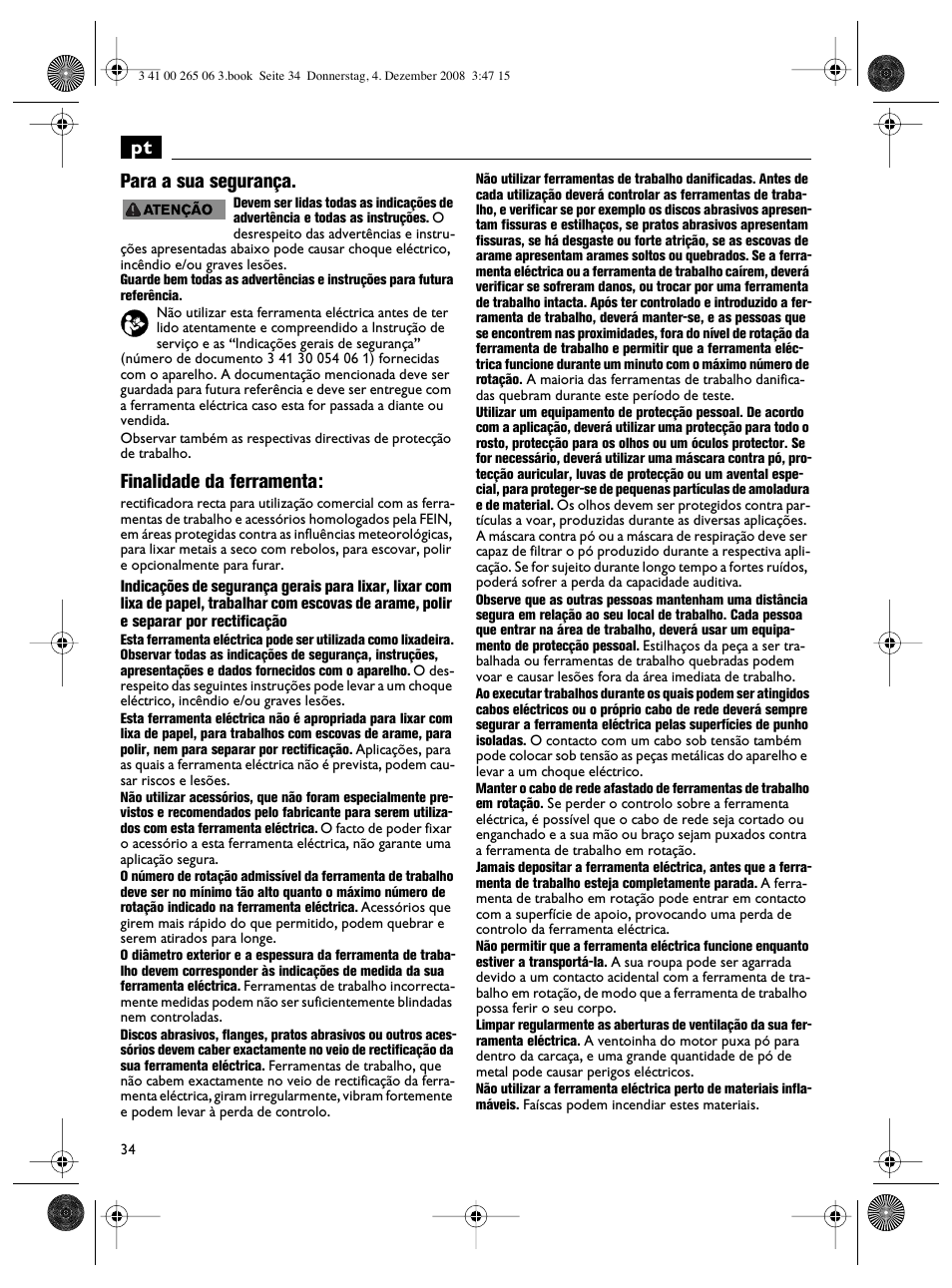 Pt para a sua segurança, Finalidade da ferramenta | Fein AHSl636c User Manual | Page 34 / 80