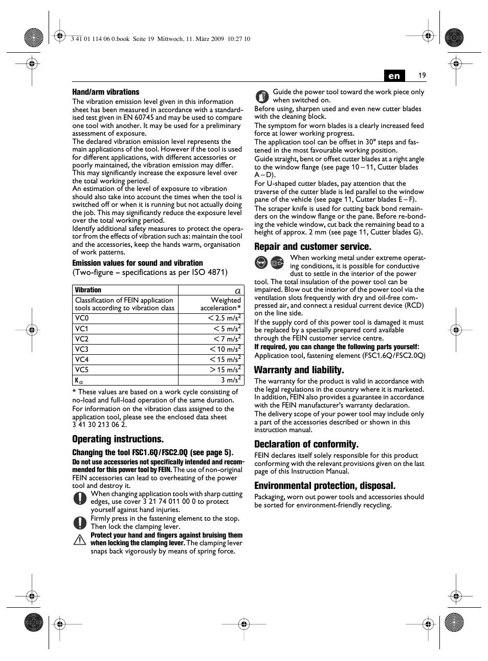 Operating instructions, Repair and customer service, Warranty and liability | Declaration of conformity, Environmental protection, disposal | Fein Cargo User Manual | Page 19 / 77