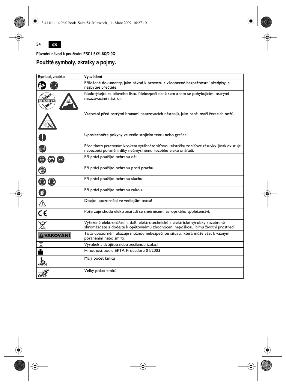 Pouïité symboly, zkratky a pojmy | Fein Cargo User Manual | Page 54 / 77
