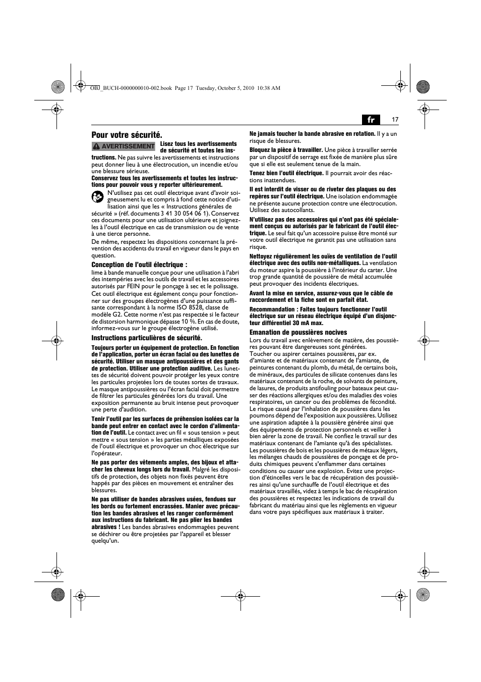 Fr pour votre sécurité | Fein BF 10-280E User Manual | Page 17 / 109