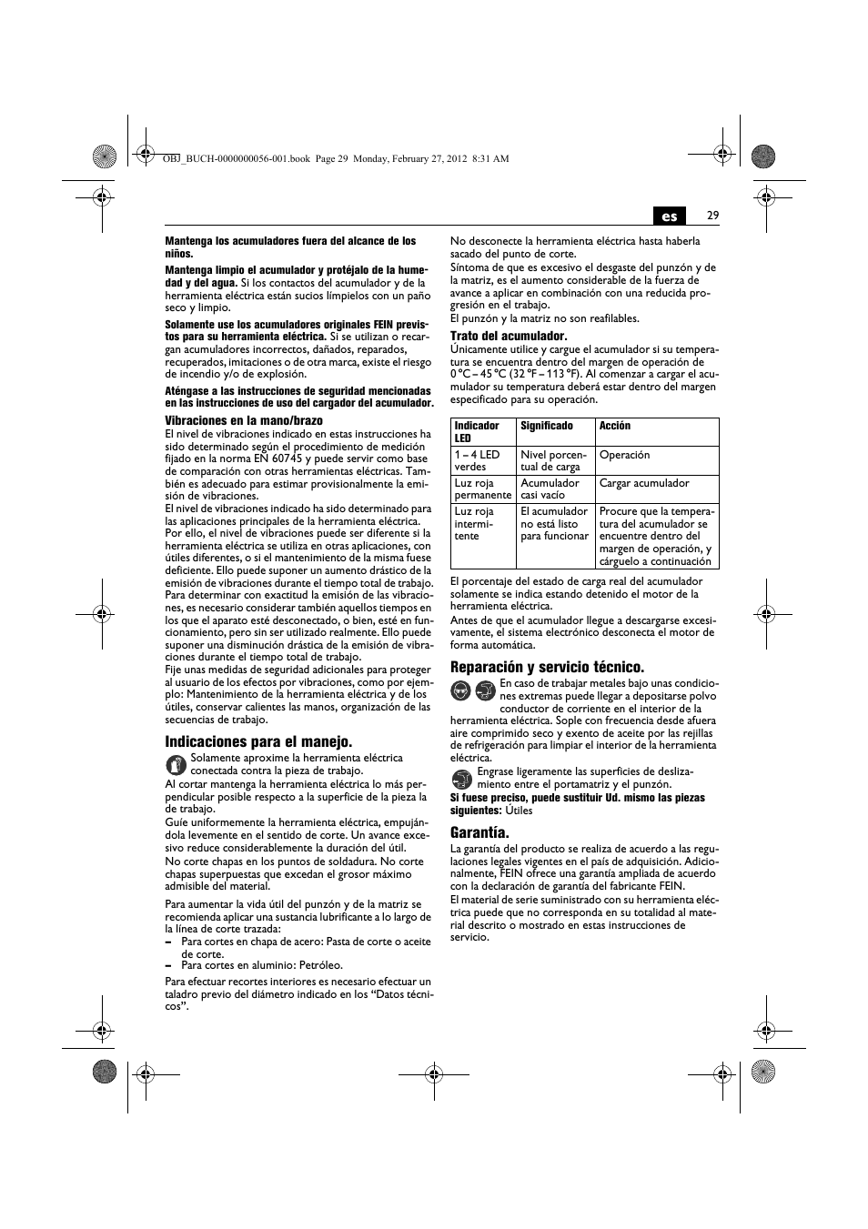 Indicaciones para el manejo, Reparación y servicio técnico, Garantía | Fein ABLK 1.6 User Manual | Page 29 / 127