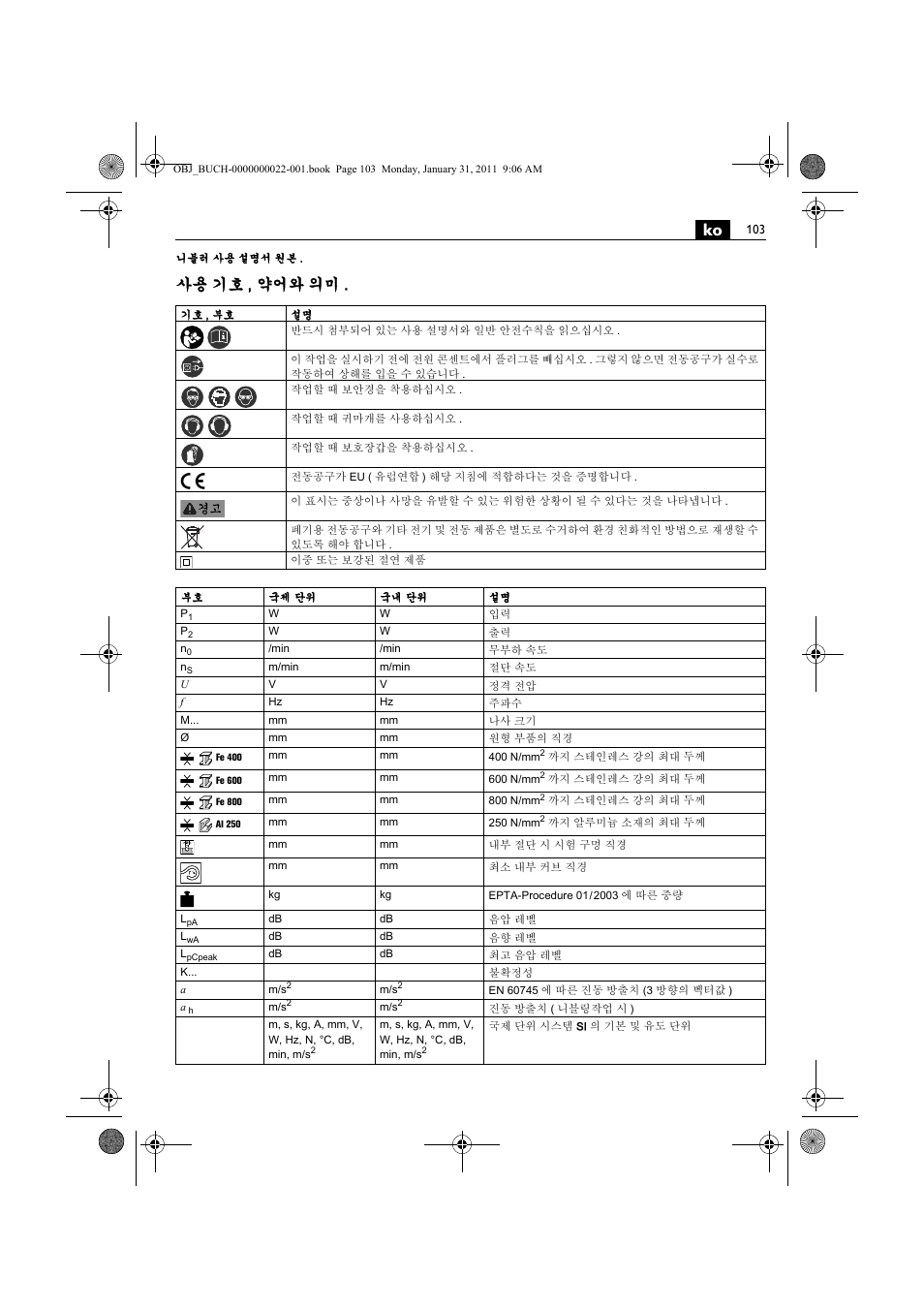 사용 기호 , 약어와 의미 | Fein BLK5.0 User Manual | Page 103 / 118
