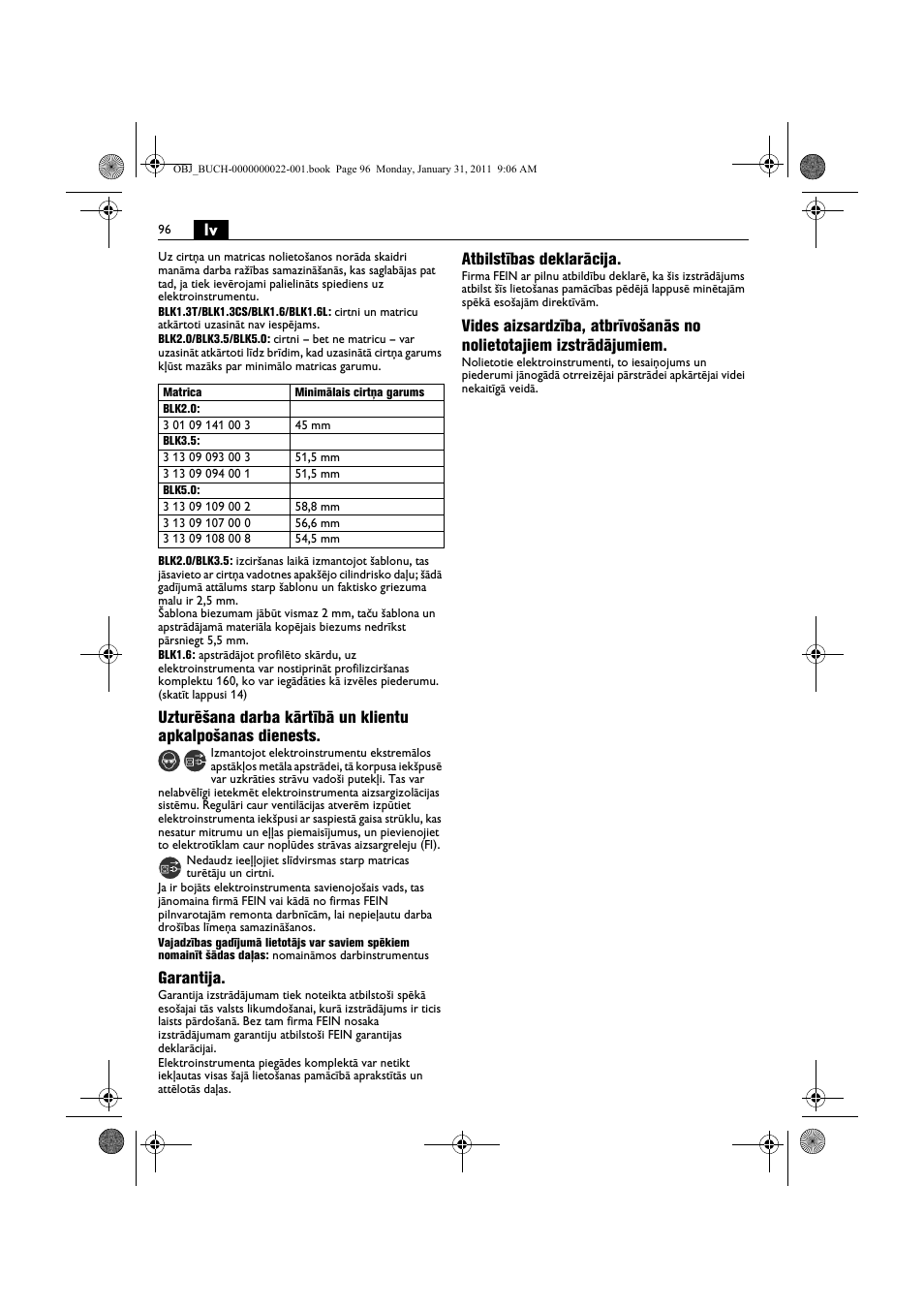 Garantija, Atbilstības deklarācija | Fein BLK5.0 User Manual | Page 96 / 118