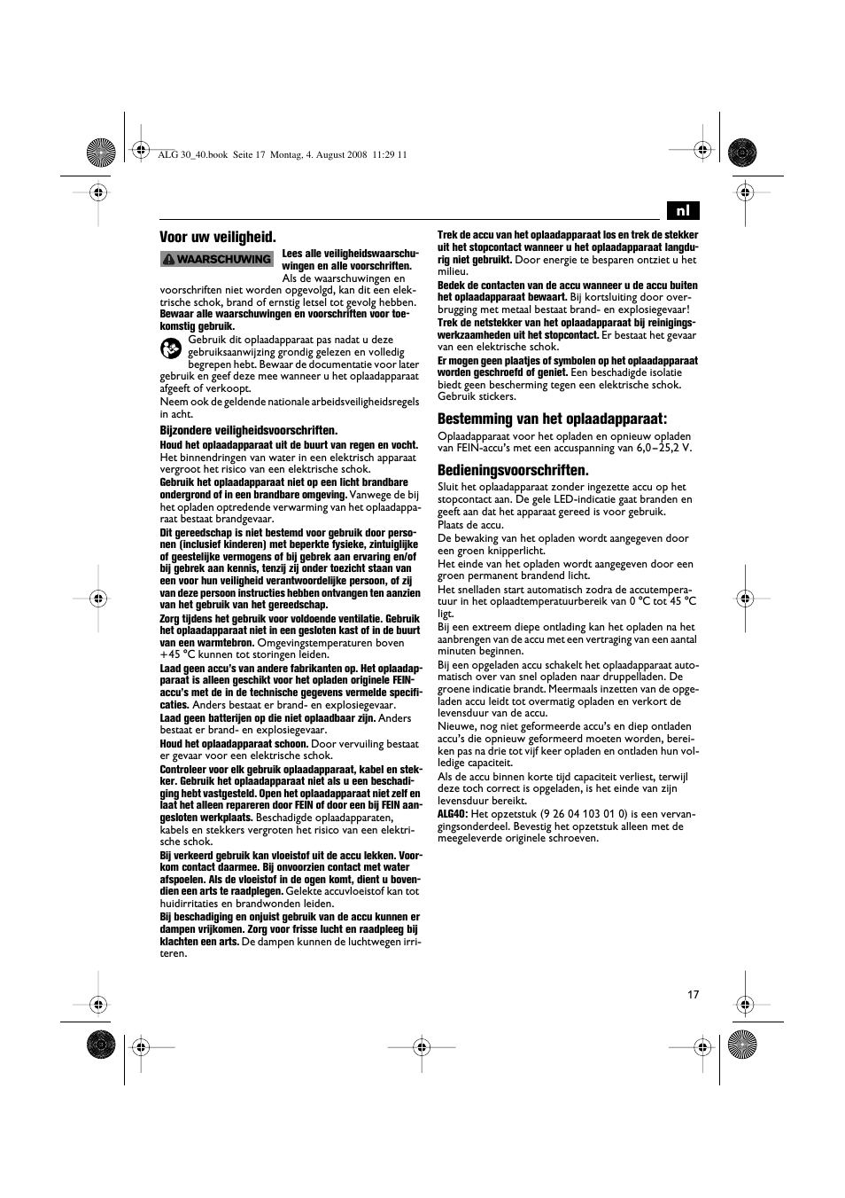 Nl voor uw veiligheid, Bestemming van het oplaadapparaat, Bedieningsvoorschriften | Fein AFSC 18 аккумулятор User Manual | Page 17 / 63