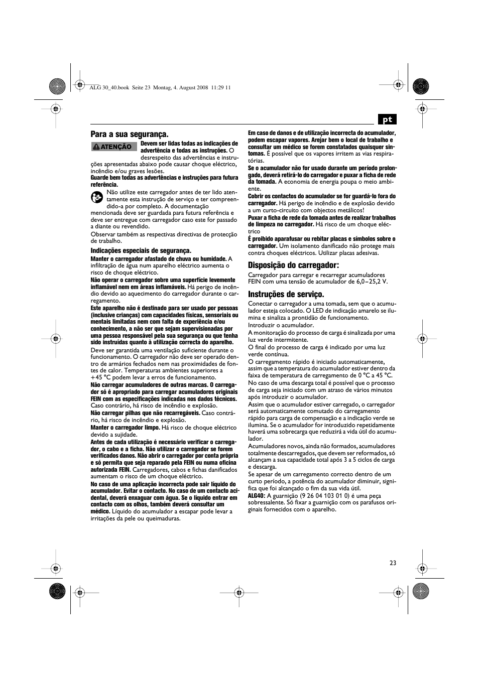 Pt para a sua segurança, Disposição do carregador, Instruções de serviço | Fein AFSC 18 аккумулятор User Manual | Page 23 / 63