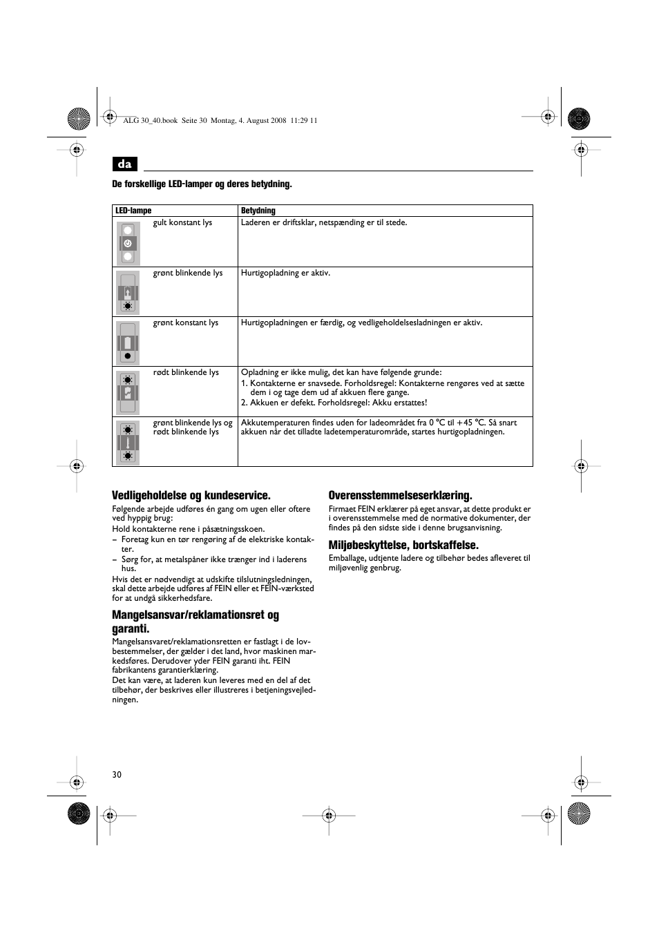 Vedligeholdelse og kundeservice, Mangelsansvar/reklamationsret og garanti, Overensstemmelseserklæring | Miljøbeskyttelse, bortskaffelse | Fein AFSC 18 аккумулятор User Manual | Page 30 / 63