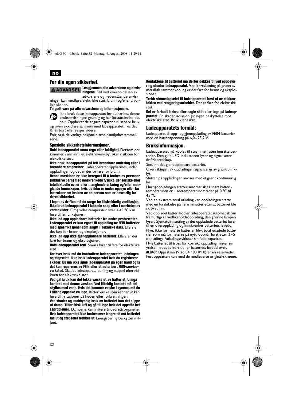 No for din egen sikkerhet, Ladeapparatets formål, Bruksinformasjon | Fein AFSC 18 аккумулятор User Manual | Page 32 / 63