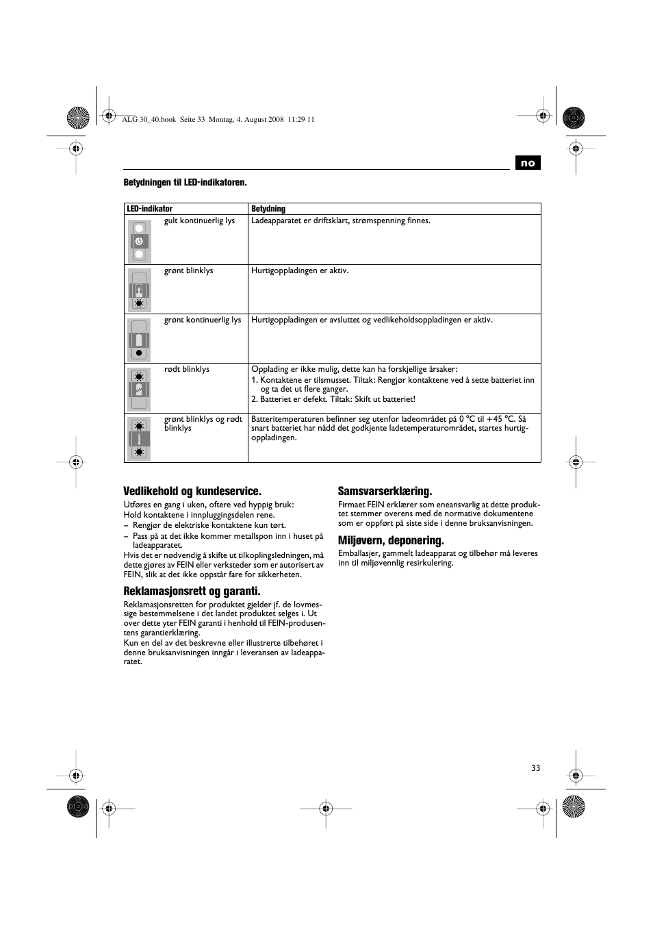 Vedlikehold og kundeservice, Reklamasjonsrett og garanti, Samsvarserklæring | Miljøvern, deponering | Fein AFSC 18 аккумулятор User Manual | Page 33 / 63