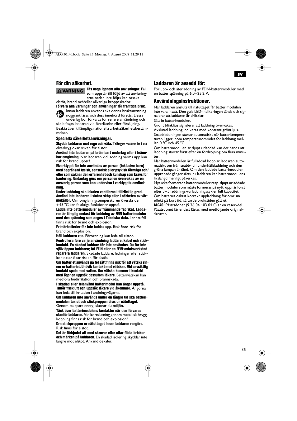 Sv för din säkerhet, Laddaren är avsedd för, Användningsinstruktioner | Fein AFSC 18 аккумулятор User Manual | Page 35 / 63