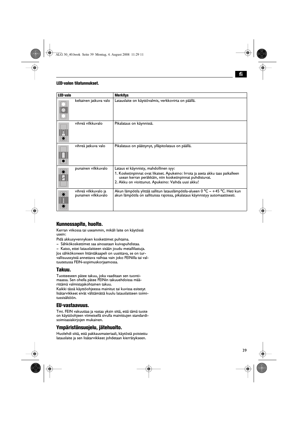 Kunnossapito, huolto, Takuu, Eu-vastaavuus | Ympäristönsuojelu, jätehuolto | Fein AFSC 18 аккумулятор User Manual | Page 39 / 63