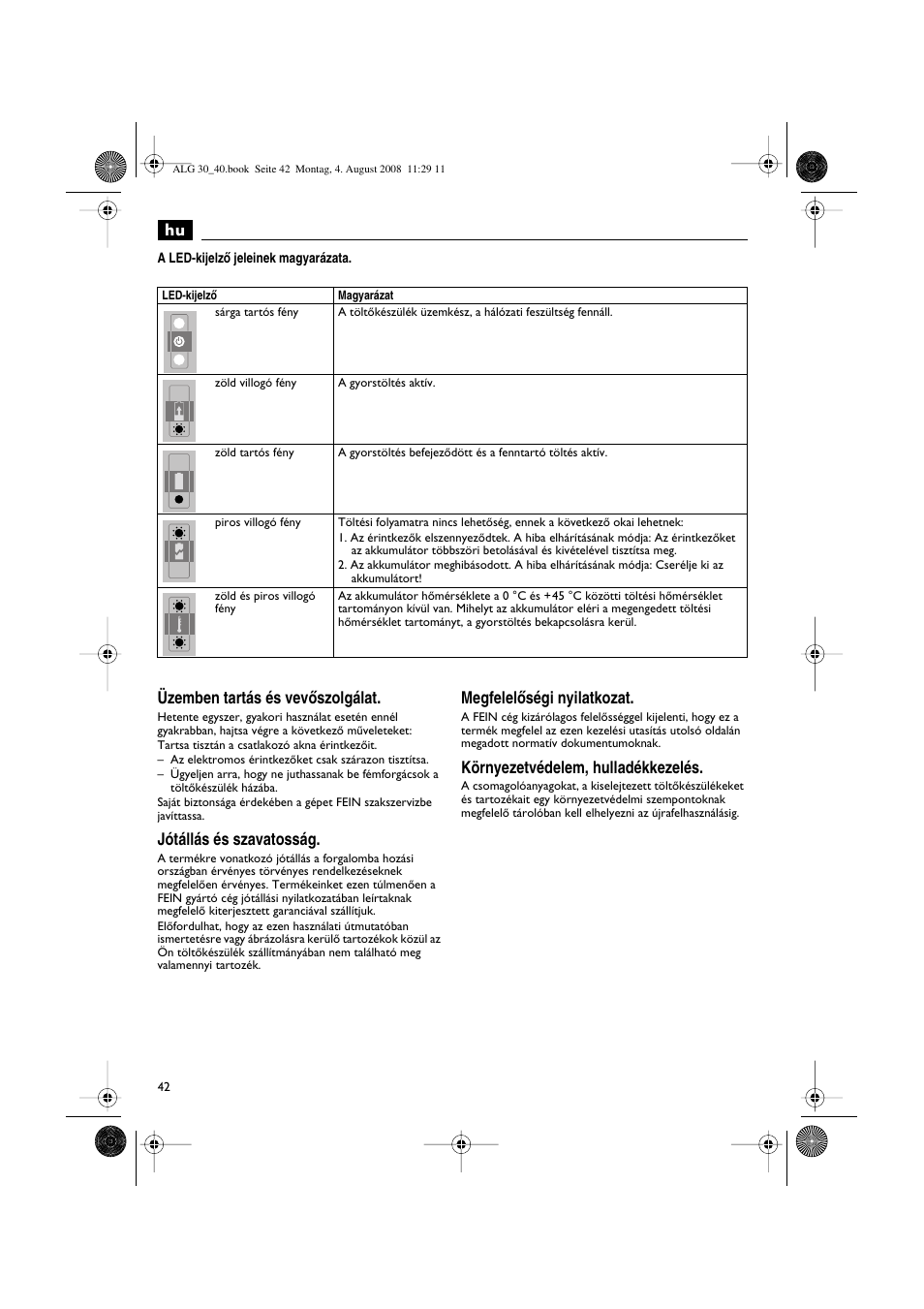 Üzemben tartás és vevœszolgálat, Jótállás és szavatosság, Megfelelœségi nyilatkozat | Környezetvédelem, hulladékkezelés | Fein AFSC 18 аккумулятор User Manual | Page 42 / 63
