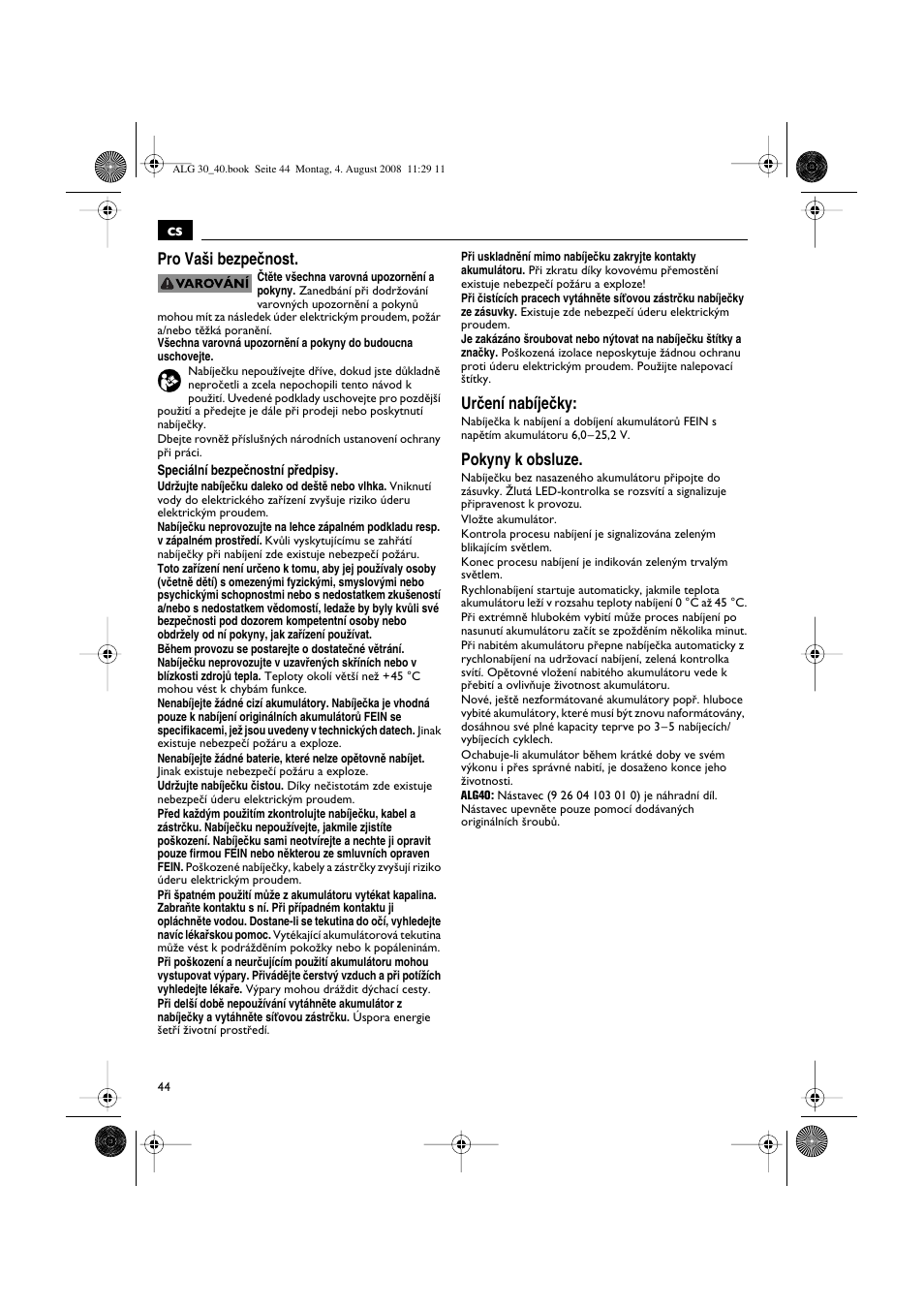 Cs pro va‰i bezpeãnost, Urãení nabíjeãky, Pokyny k obsluze | Fein AFSC 18 аккумулятор User Manual | Page 44 / 63
