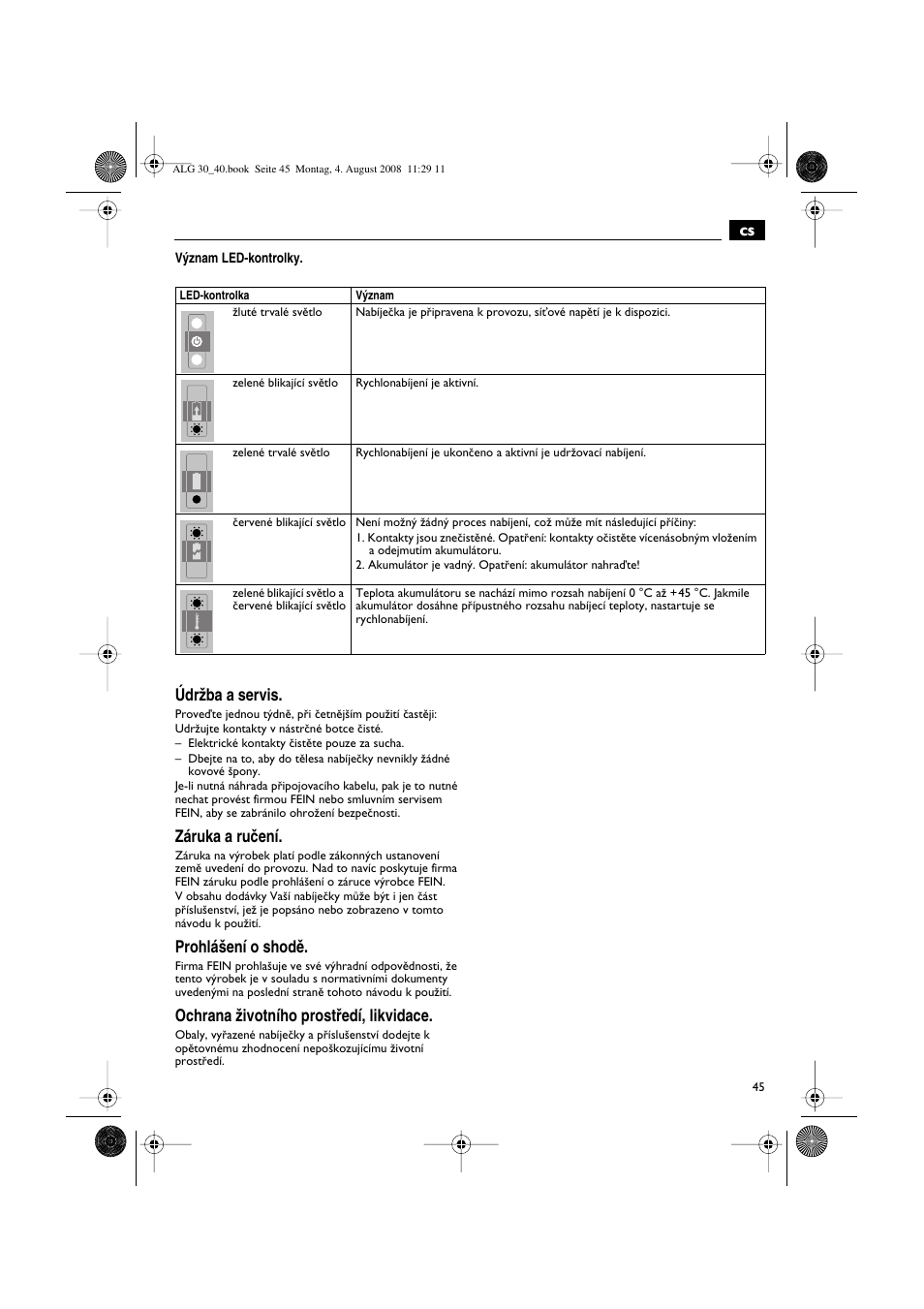 Údrïba a servis, Záruka a ruãení, Prohlá‰ení o shodû | Ochrana ïivotního prostﬁedí, likvidace | Fein AFSC 18 аккумулятор User Manual | Page 45 / 63