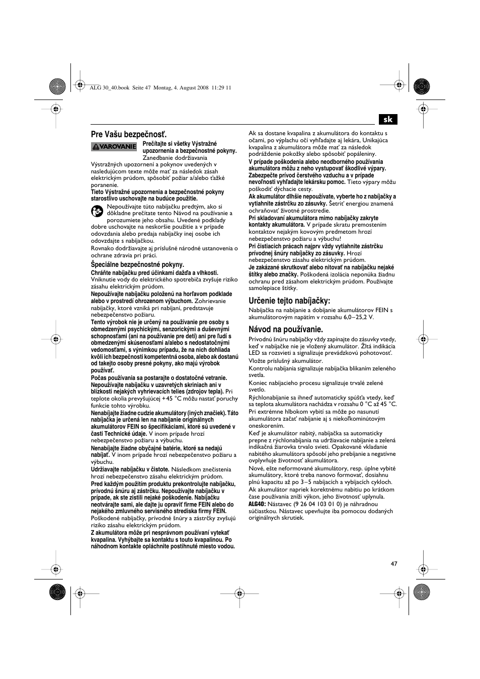 Sk pre va‰u bezpeãnosè, Urãenie tejto nabíjaãky, Návod na pouïívanie | Fein AFSC 18 аккумулятор User Manual | Page 47 / 63