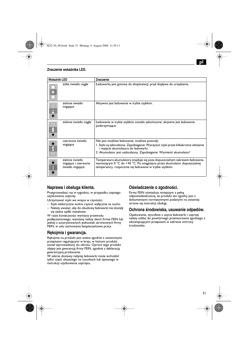 Naprawa i obs∏uga klienta, R´kojmia i gwarancja, Oêwiadczenie o zgodnoêci | Ochrona êrodowiska, usuwanie odpadów | Fein AFSC 18 аккумулятор User Manual | Page 51 / 63