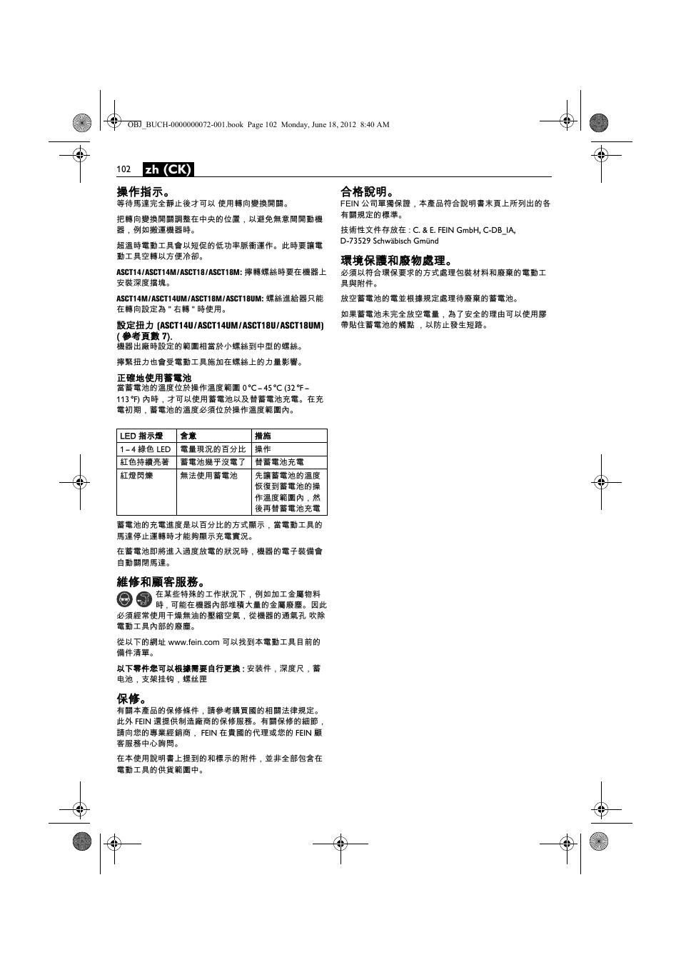 Zh (ck), 操作指示, 維修和顧客服務 | 合格說明, 環境保護和廢物處理 | Fein ASCT18M User Manual | Page 102 / 118
