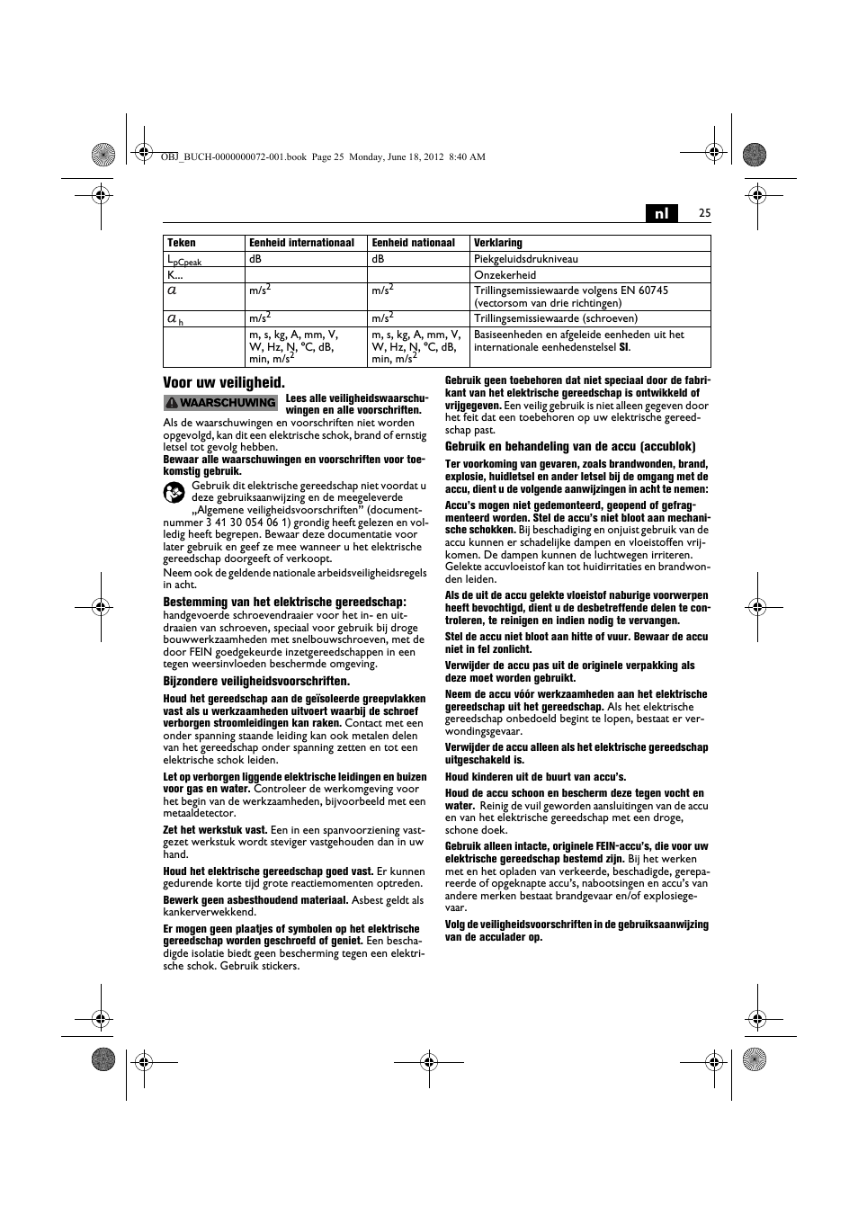 Nl voor uw veiligheid | Fein ASCT18M User Manual | Page 25 / 118