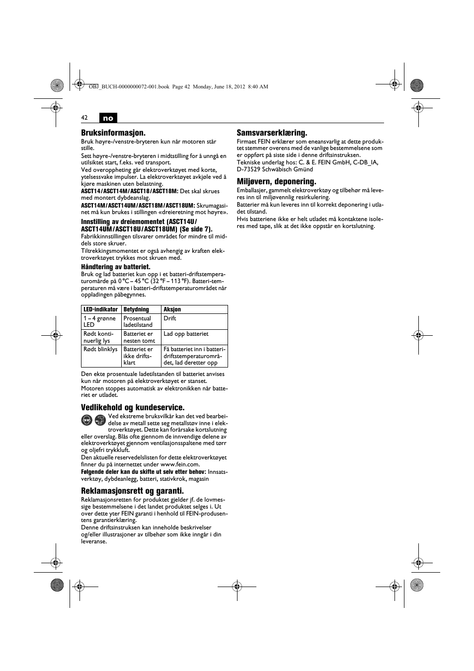 No bruksinformasjon, Vedlikehold og kundeservice, Reklamasjonsrett og garanti | Samsvarserklæring, Miljøvern, deponering | Fein ASCT18M User Manual | Page 42 / 118