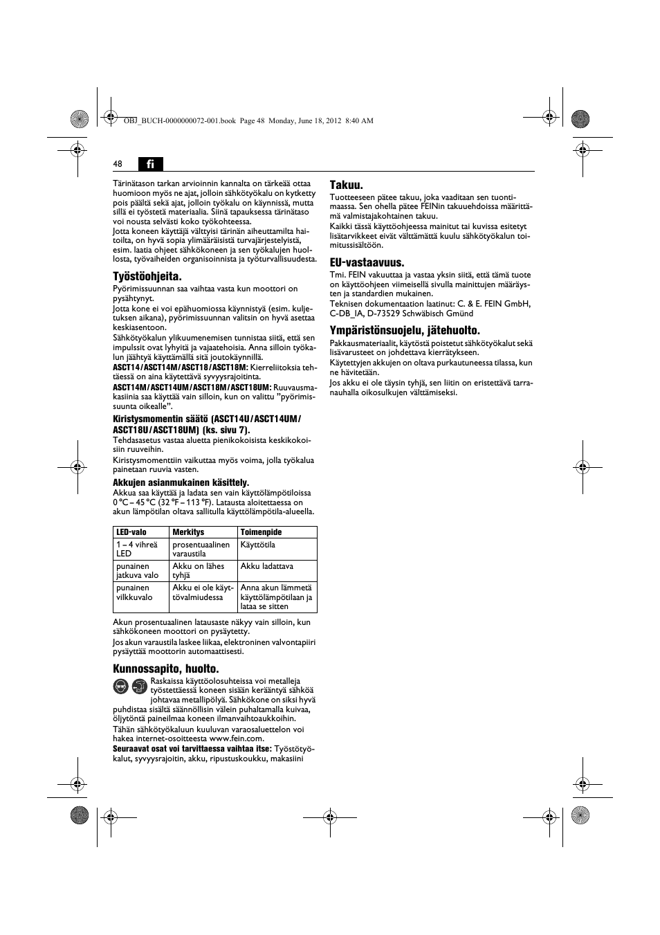 Työstöohjeita, Kunnossapito, huolto, Takuu | Eu-vastaavuus, Ympäristönsuojelu, jätehuolto | Fein ASCT18M User Manual | Page 48 / 118