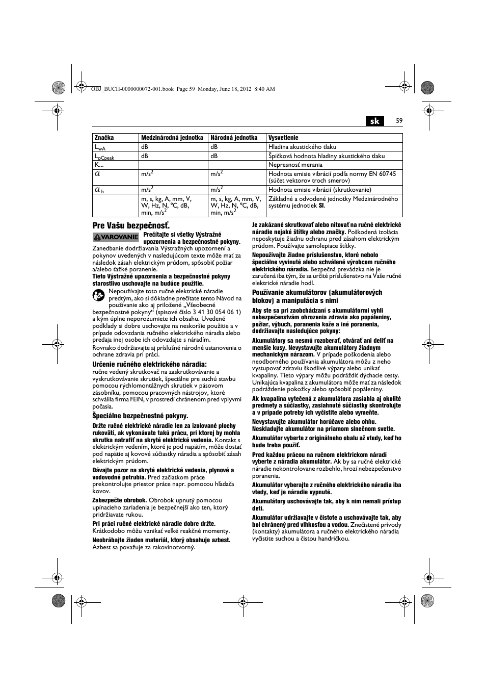 Sk pre vašu bezpečnosť | Fein ASCT18M User Manual | Page 59 / 118