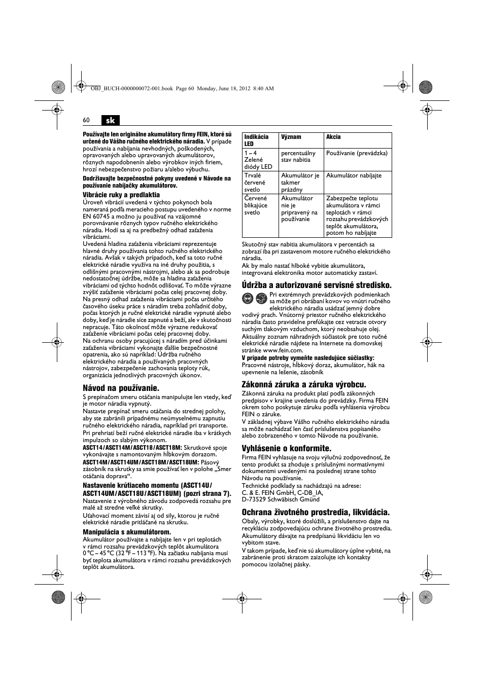 Návod na používanie, Údržba a autorizované servisné stredisko, Zákonná záruka a záruka výrobcu | Vyhlásenie o konformite, Ochrana životného prostredia, likvidácia | Fein ASCT18M User Manual | Page 60 / 118