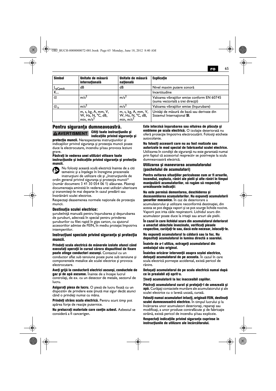 Ro pentru siguranţa dumneavoastră | Fein ASCT18M User Manual | Page 65 / 118