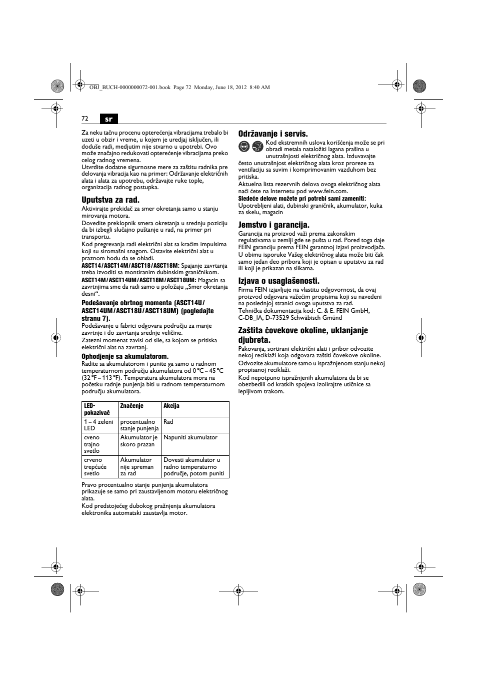 Uputstva za rad, Održavanje i servis, Jemstvo i garancija | Izjava o usaglašenosti, Zaštita čovekove okoline, uklanjanje djubreta | Fein ASCT18M User Manual | Page 72 / 118