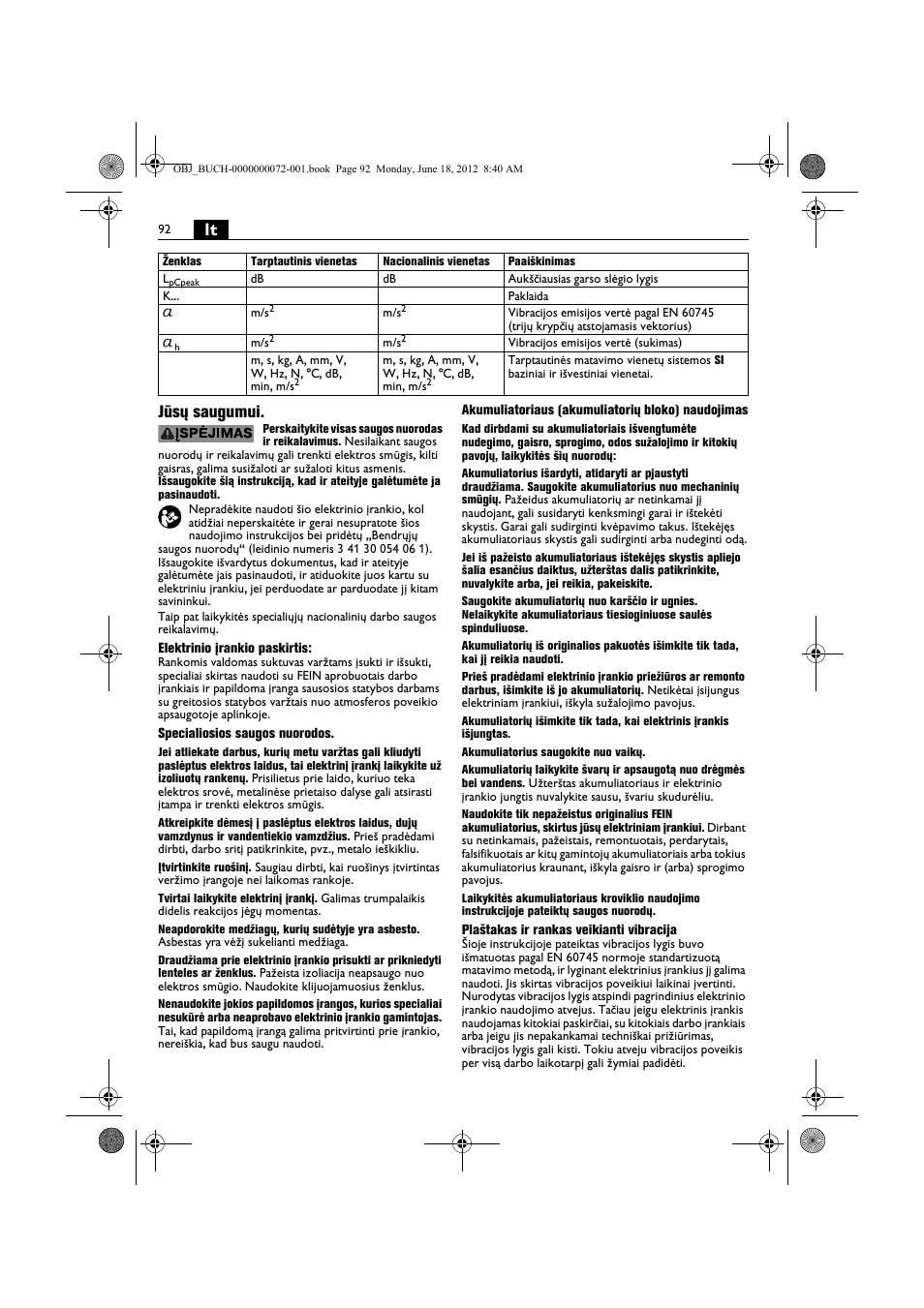 Lt jūsų saugumui | Fein ASCT18M User Manual | Page 92 / 118