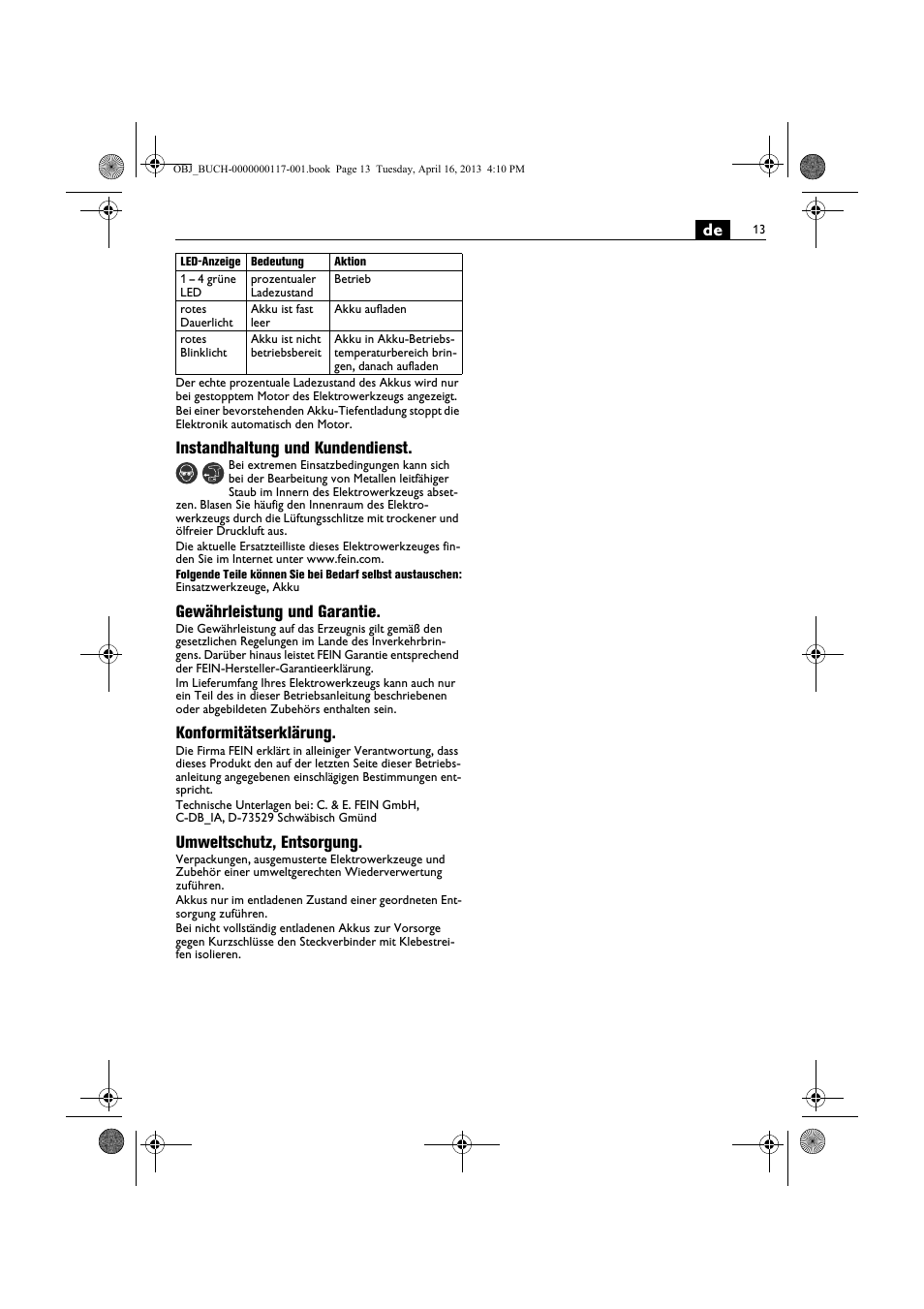 Instandhaltung und kundendienst, Gewährleistung und garantie, Konformitätserklärung | Umweltschutz, entsorgung | Fein ASCD 18 W4C User Manual | Page 13 / 144