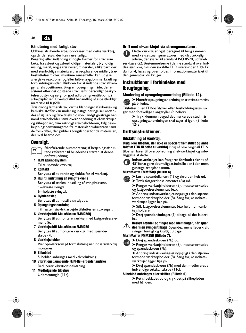 Oversigt, Instruktioner i forbindelse med ibrugtagning, Driftsinstruktioner | Fein MultiMaster Marine User Manual | Page 48 / 107